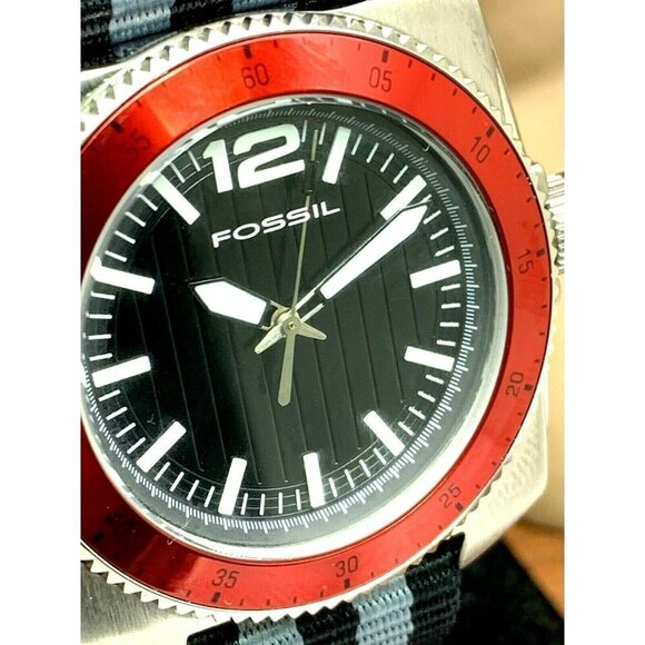 Fossil | Accessories | Fossil Mens Watch Wb42 Quartz Black  Fossil Men\'s Watch WB1042 Quartz Red Bezel 38mm Black Gray Nylon NATO St…